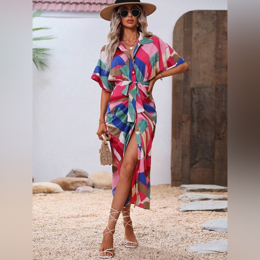 Colorblock Batwing Sleeve Vacation Belted Shirt Dress - Sz M